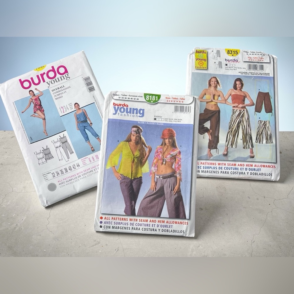 3 Burda Young Patterns 6-22 Y2K 7552 8181 8315 Hippie Boho Romper Pants Top